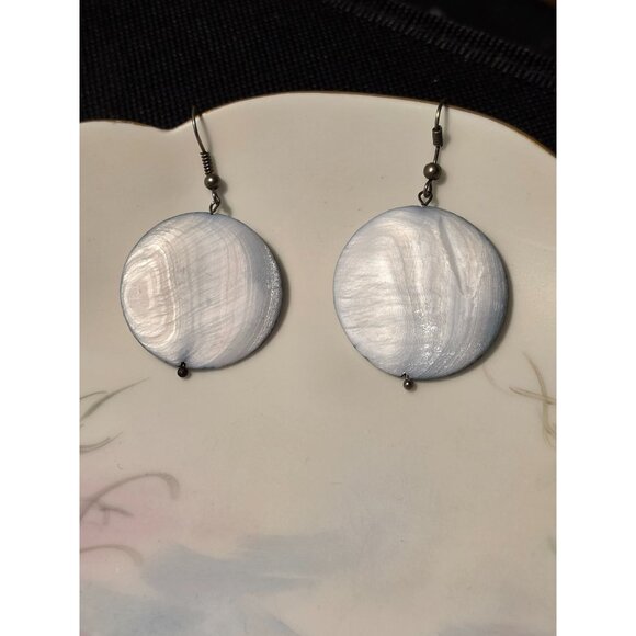 Round White & Blue Shell Dangle Earrings - Picture 1 of 2